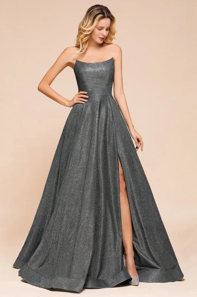 Strapless Glitter aline Evening Gown Sleeveless Front Slit Dancing Party Dress