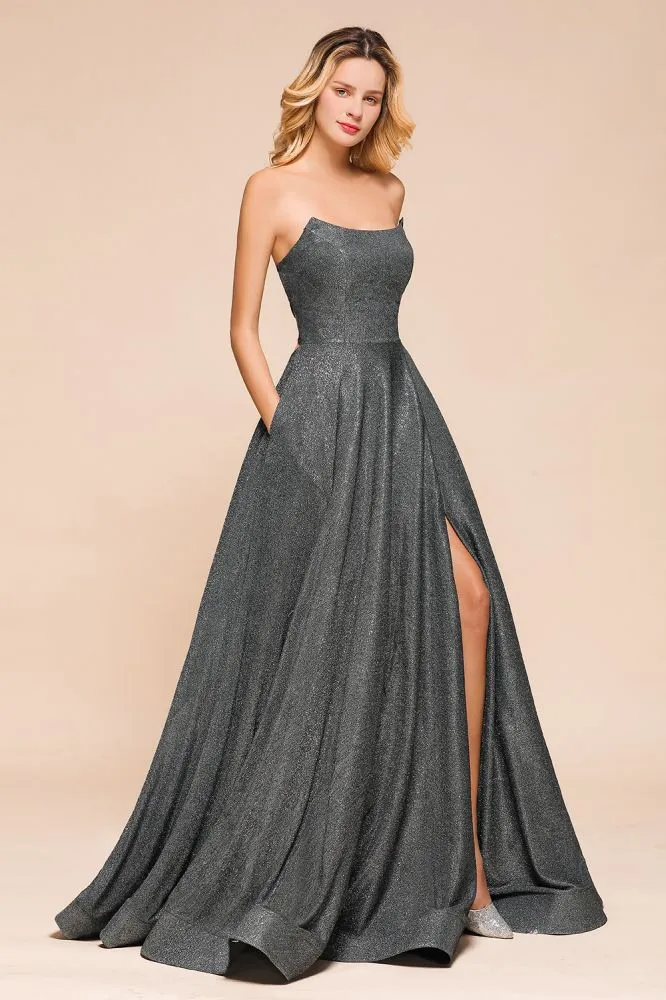 Strapless Glitter aline Evening Gown Sleeveless Front Slit Dancing Party Dress