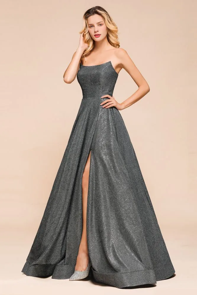 Strapless Glitter aline Evening Gown Sleeveless Front Slit Dancing Party Dress