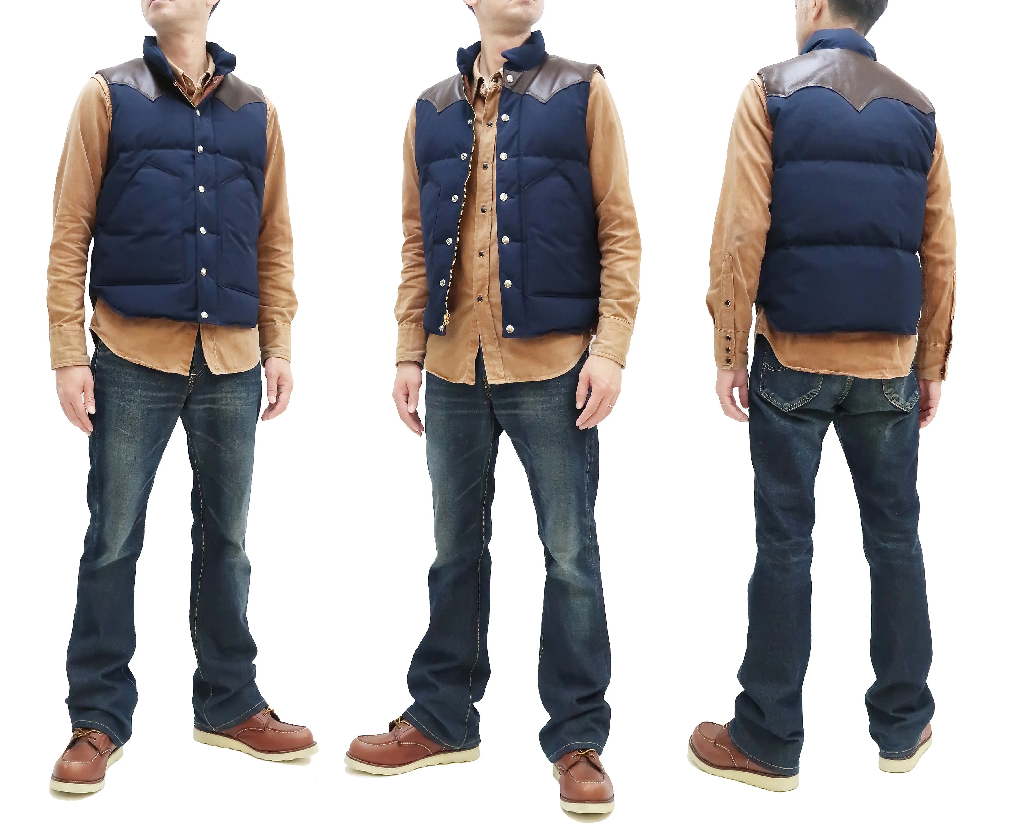 Sugar Cane Down Vest with Leather Yoke Panel Men's Winter Outerwear Vest SC15222 128 Navy-Blue/Brown