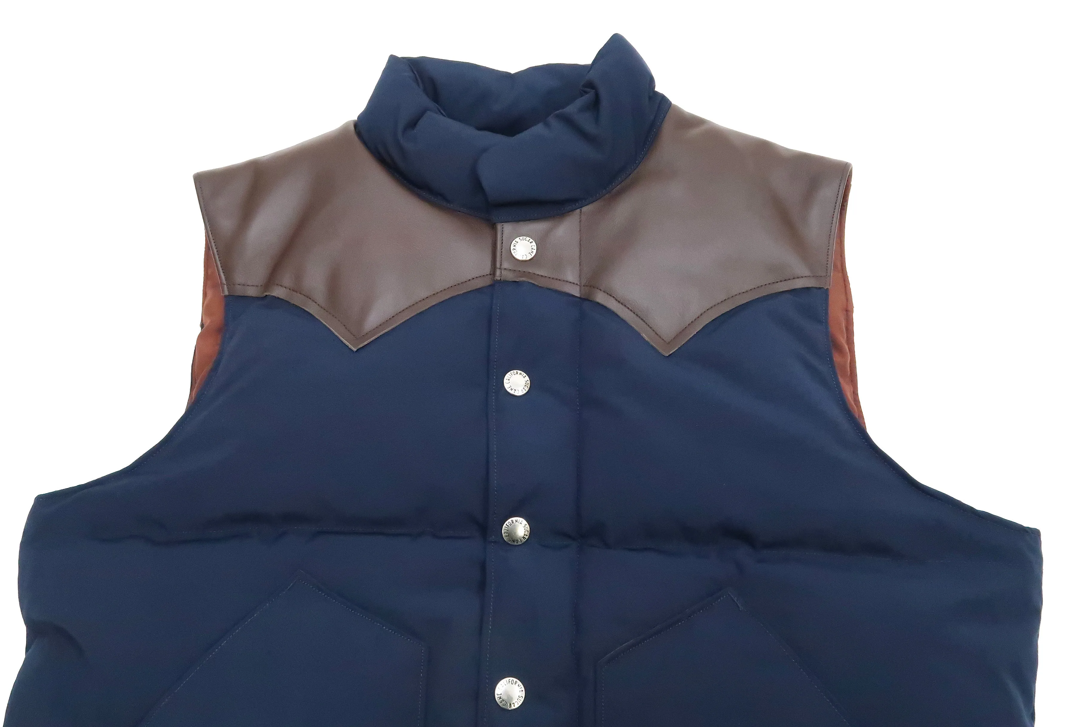 Sugar Cane Down Vest with Leather Yoke Panel Men's Winter Outerwear Vest SC15222 128 Navy-Blue/Brown