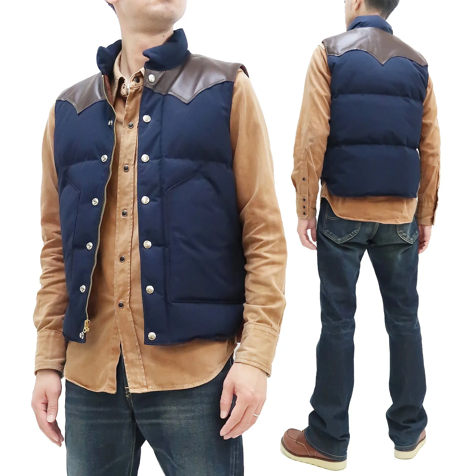 Sugar Cane Down Vest with Leather Yoke Panel Men's Winter Outerwear Vest SC15222 128 Navy-Blue/Brown