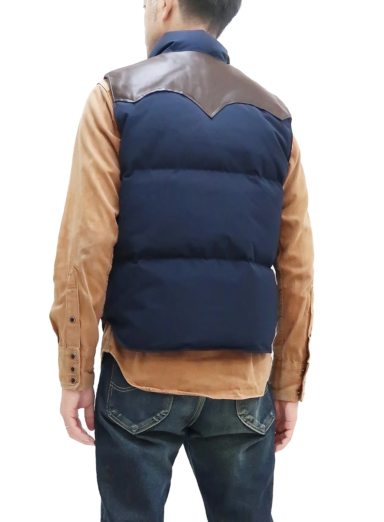 Sugar Cane Down Vest with Leather Yoke Panel Men's Winter Outerwear Vest SC15222 128 Navy-Blue/Brown