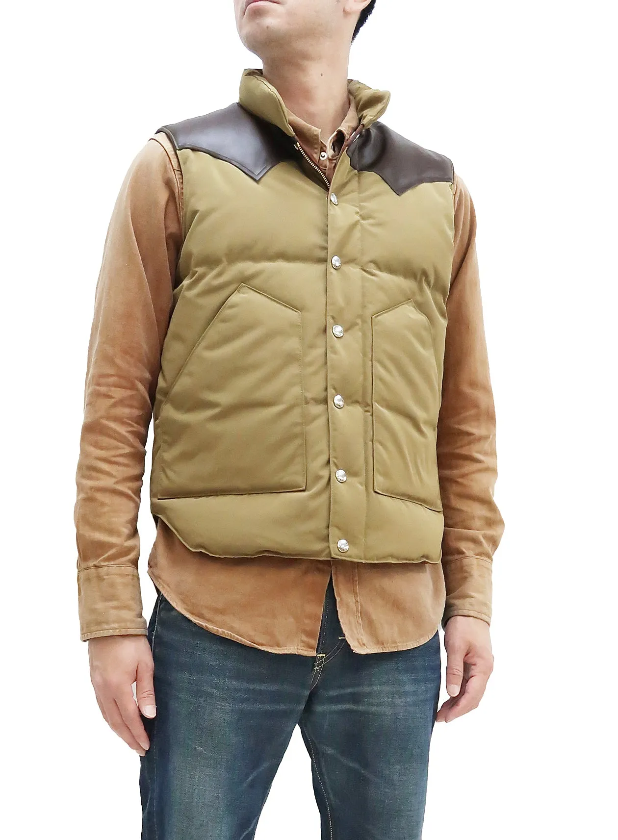 Sugar Cane Down Vest with Leather Yoke Panel Men's Winter Outerwear Vest SC15222 133 Beige/Brown