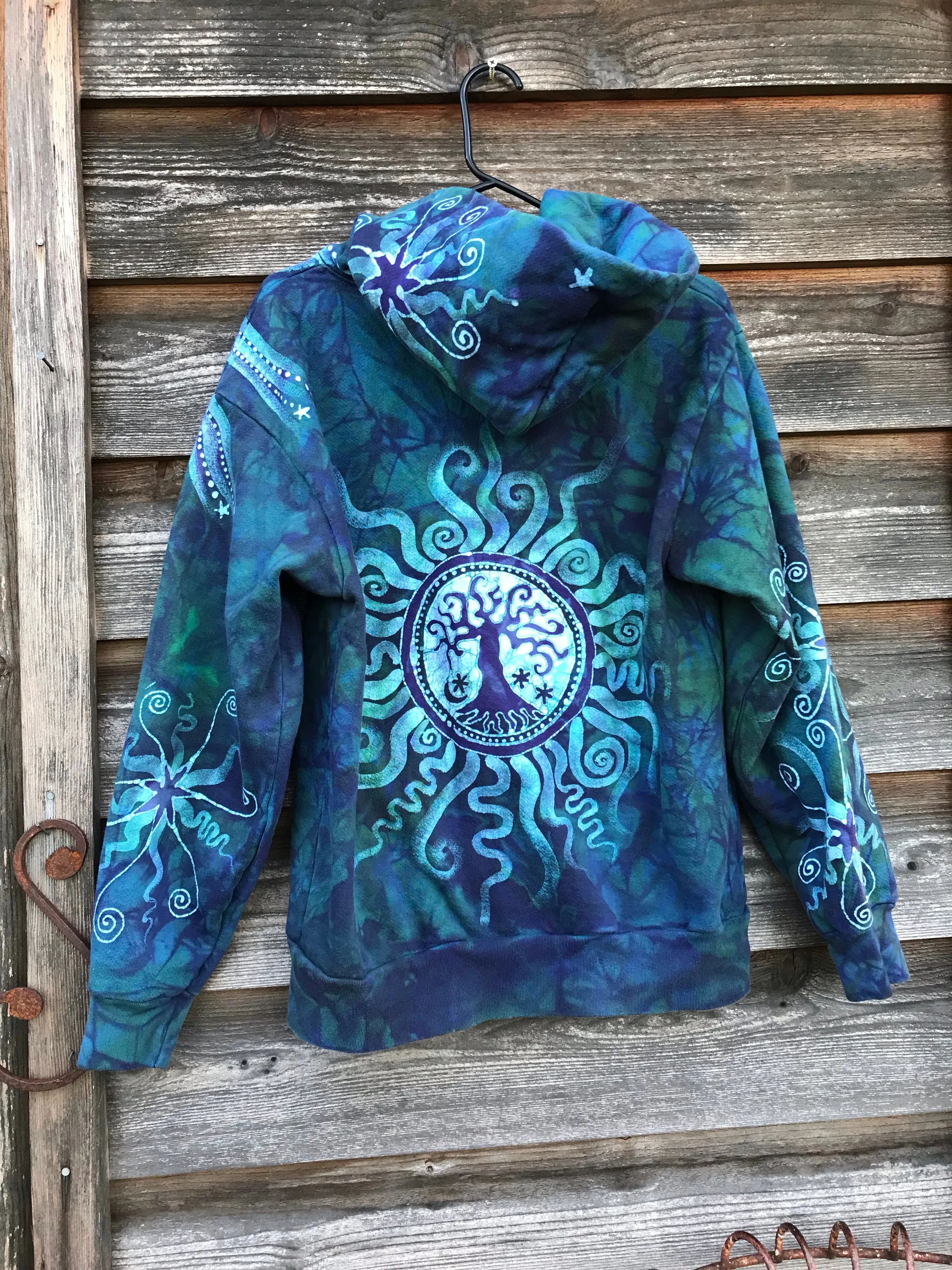 Teal and Purple Tree of Life Handcrafted Batik Zipper Hoodie - Size Small