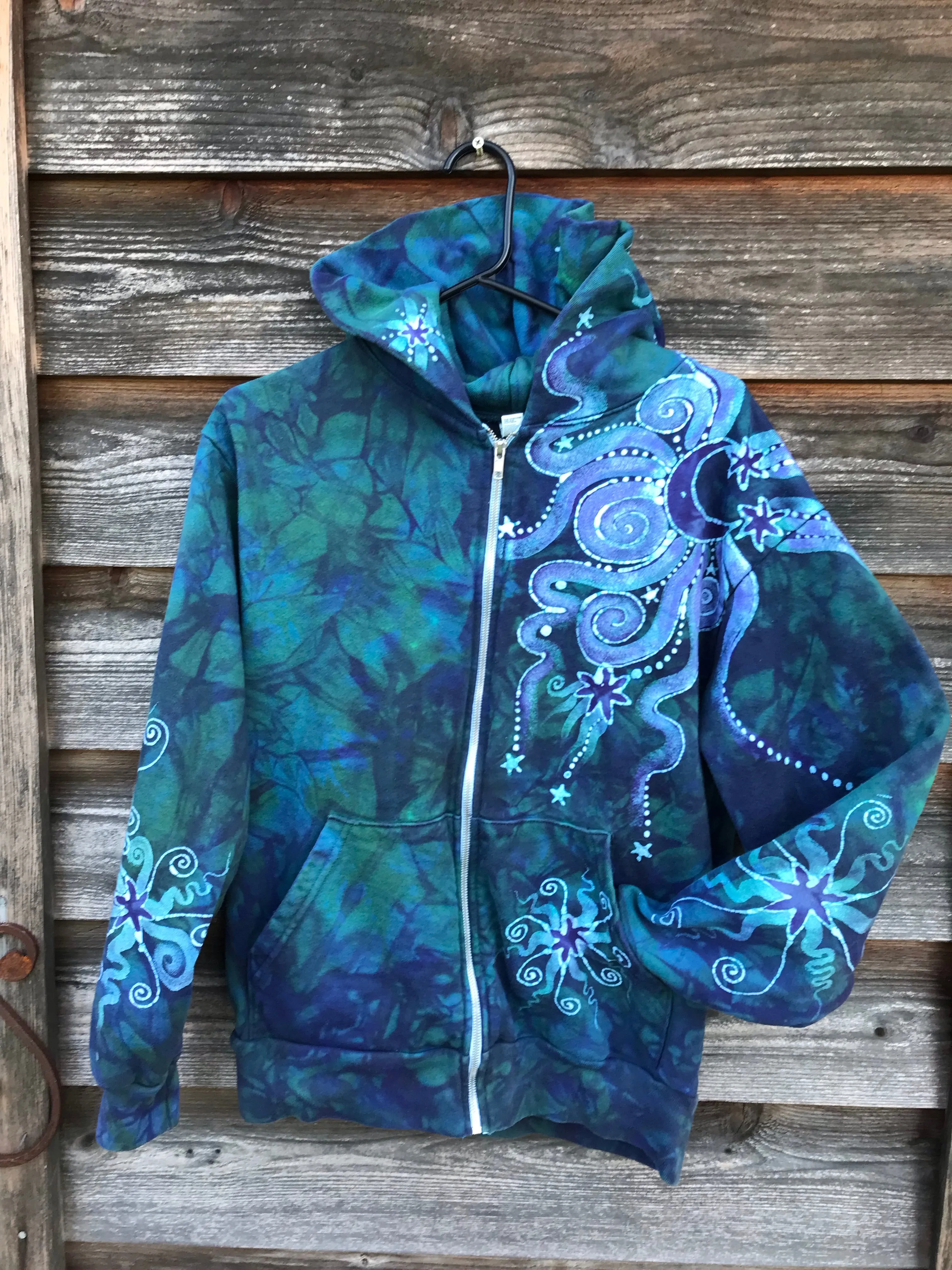 Teal and Purple Tree of Life Handcrafted Batik Zipper Hoodie - Size Small