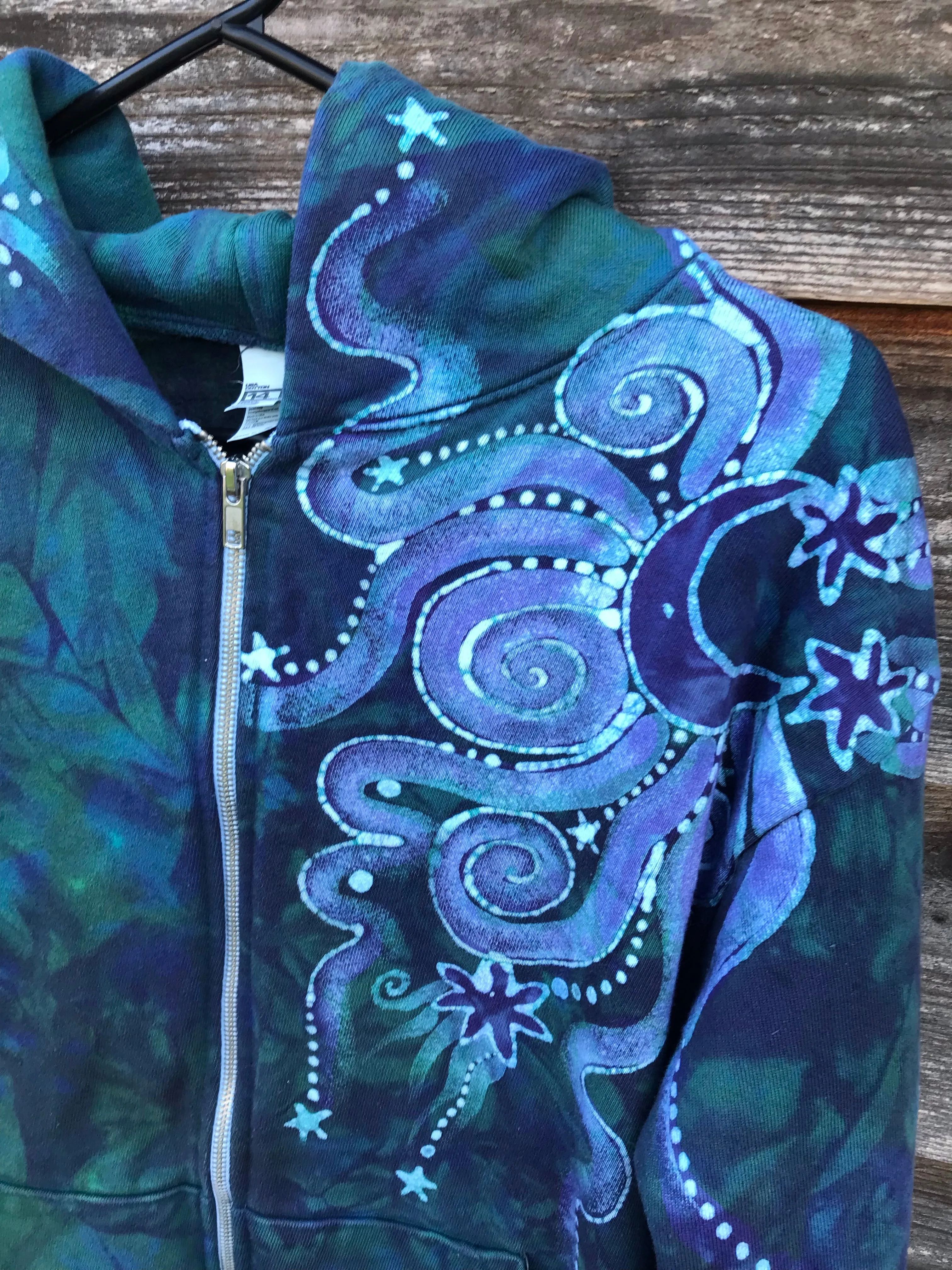 Teal and Purple Tree of Life Handcrafted Batik Zipper Hoodie - Size Small