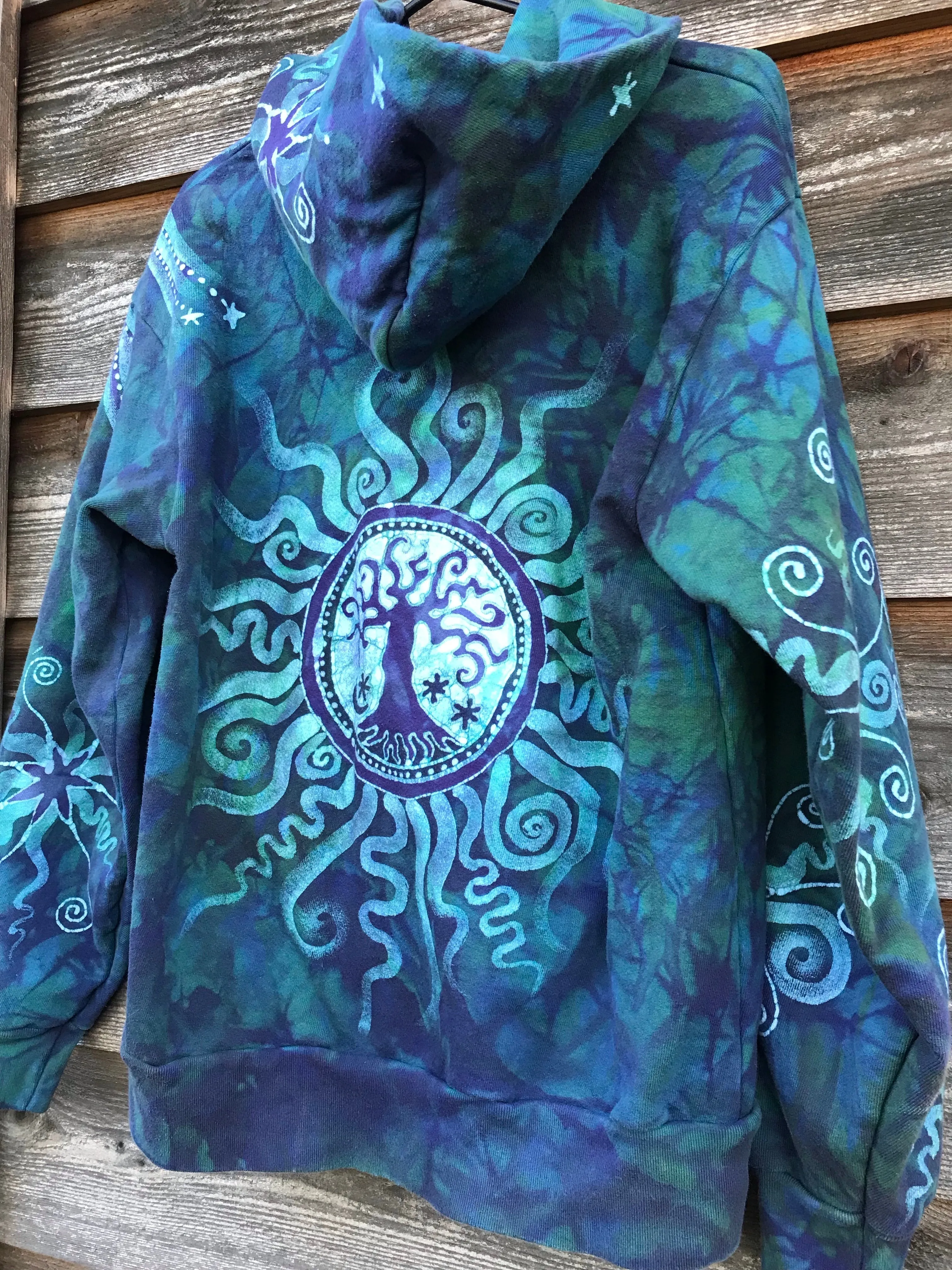 Teal and Purple Tree of Life Handcrafted Batik Zipper Hoodie - Size Small