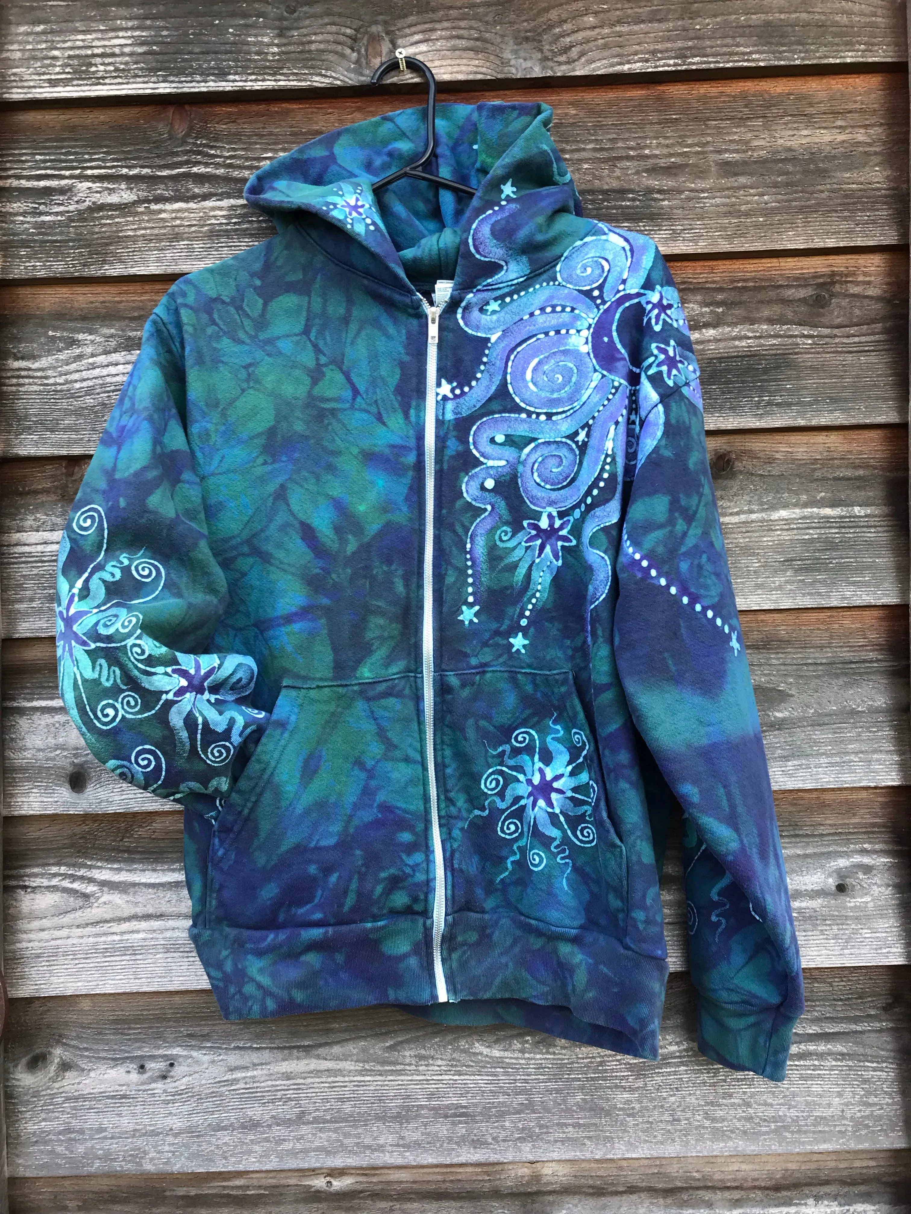 Teal and Purple Tree of Life Handcrafted Batik Zipper Hoodie - Size Small