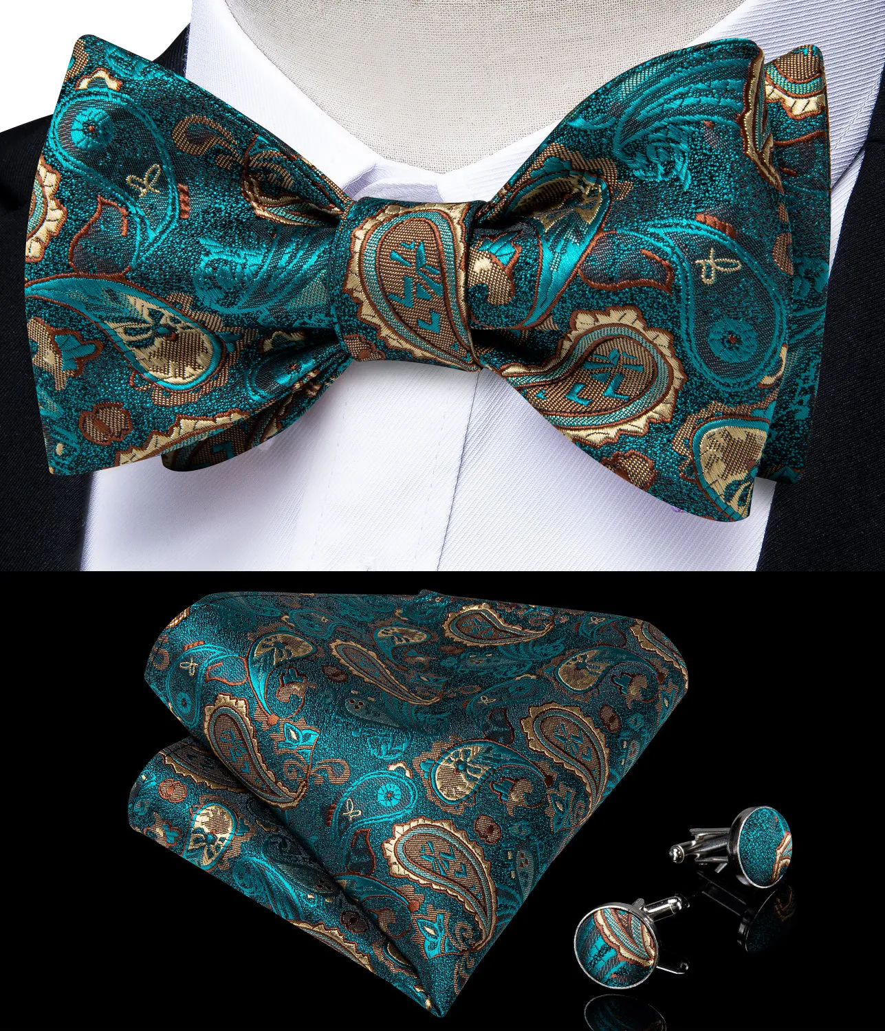 Teal Blue Yellow Self-Bowtie Paisley Pocket Square Cufflinks Set