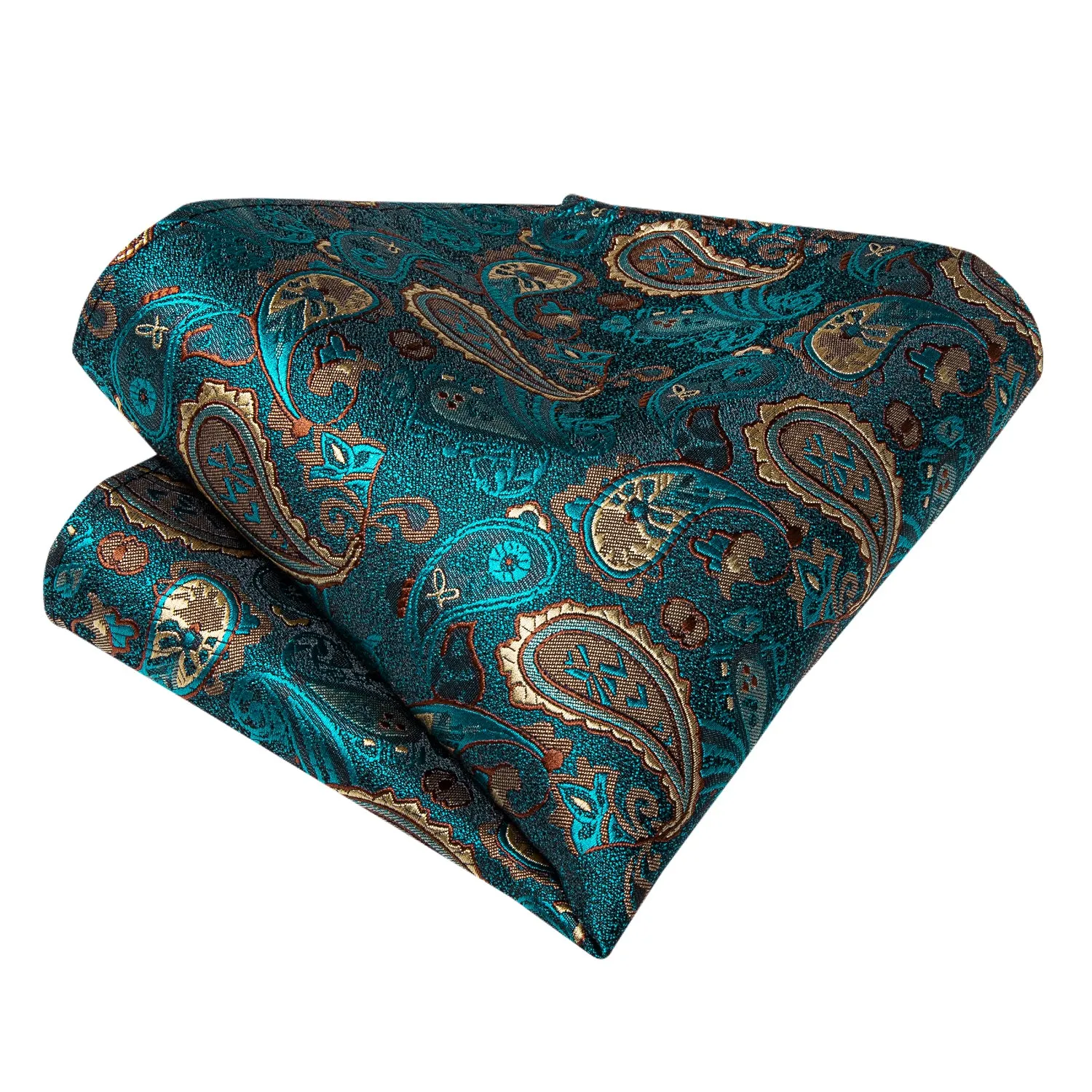 Teal Blue Yellow Self-Bowtie Paisley Pocket Square Cufflinks Set