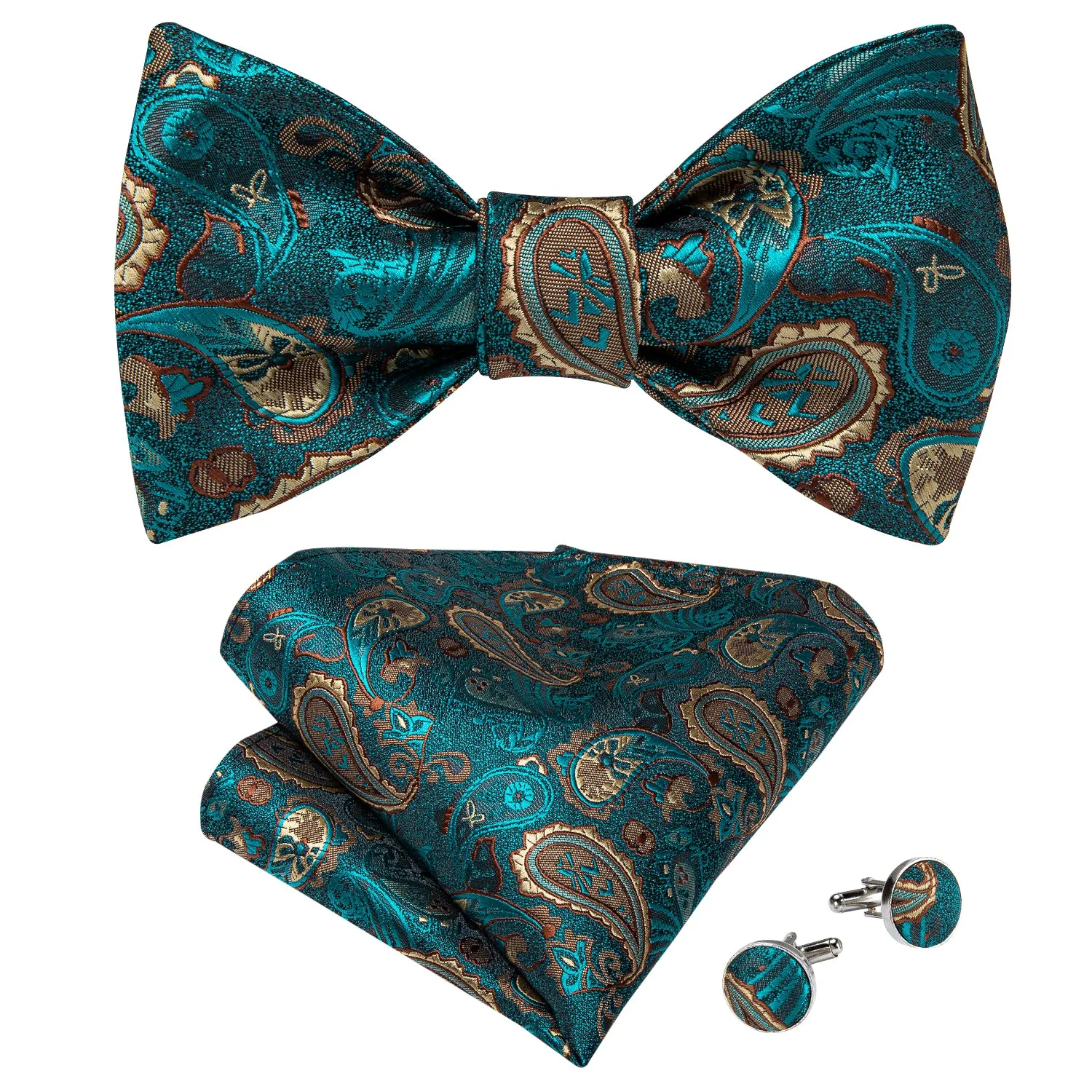 Teal Blue Yellow Self-Bowtie Paisley Pocket Square Cufflinks Set