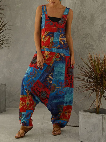 vintage-print oversized overalls