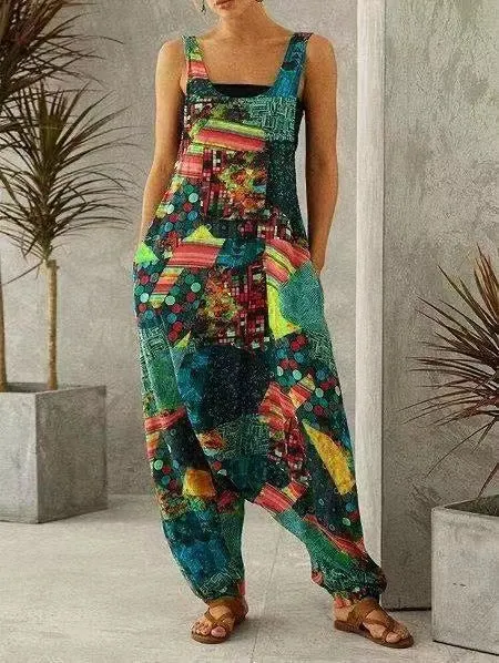 vintage-print oversized overalls