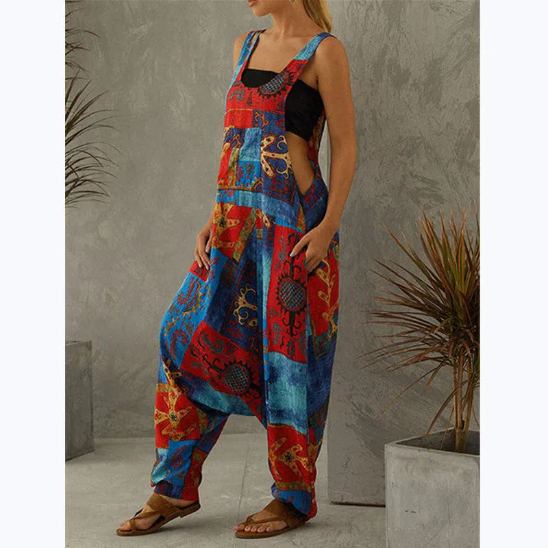 vintage-print oversized overalls