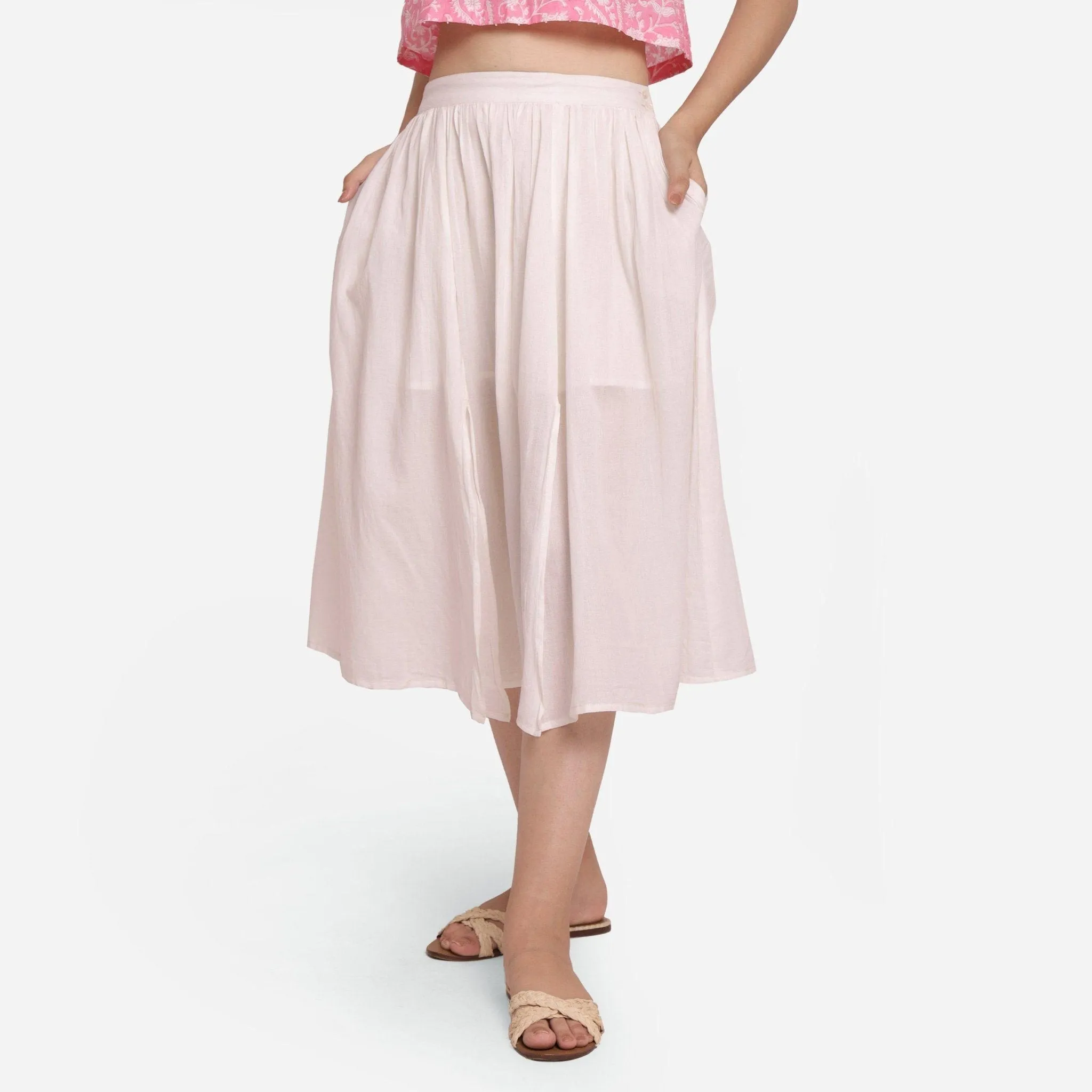 White Mid-Rise 100% Cotton Flared Midi Skirt