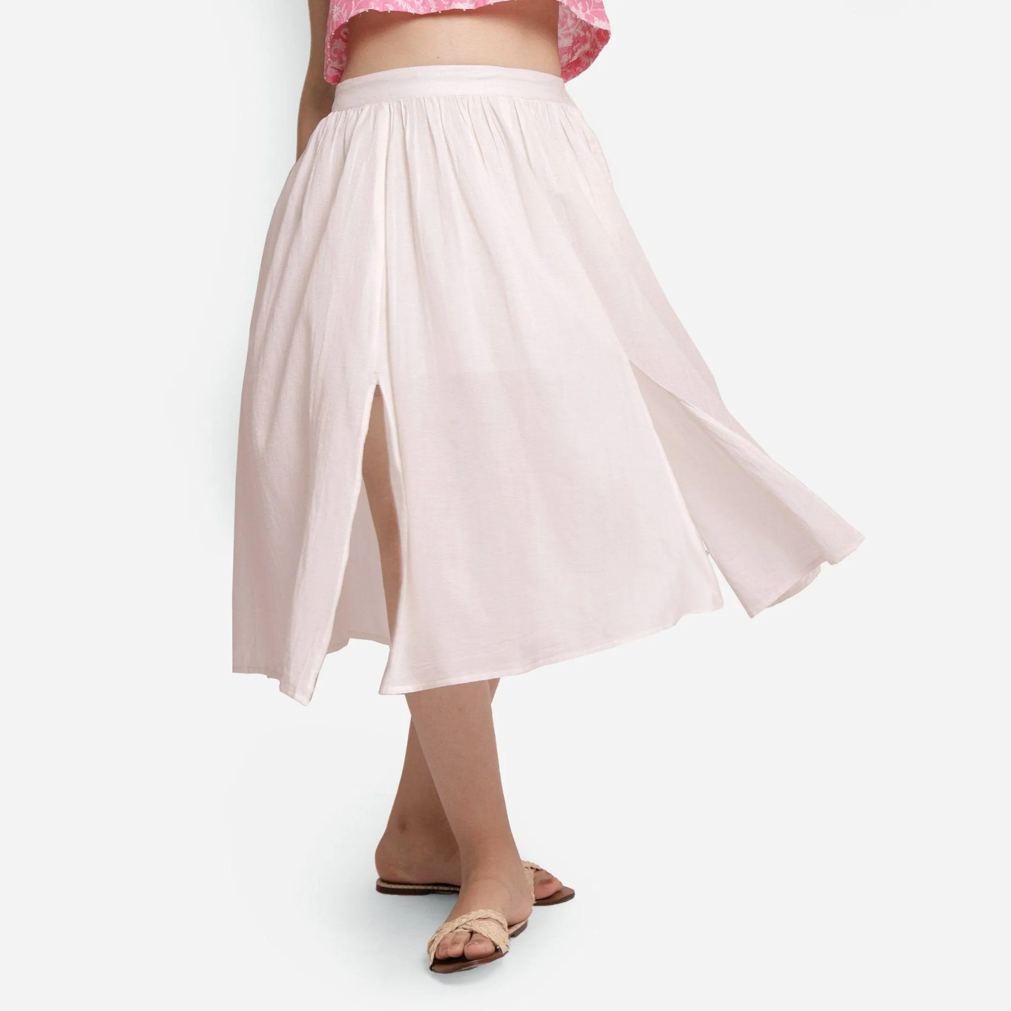 White Mid-Rise 100% Cotton Flared Midi Skirt