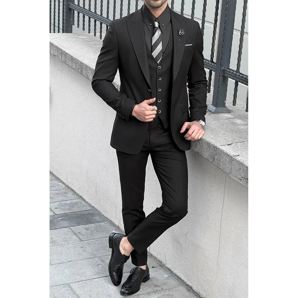 Wiaofellas  -  Black Peak Lapel One Button Men Suits 3 Piece Elegant Solid Prom Wedding Groom Tuxedo Smart Casual Suit (Blazer Vest Pants)