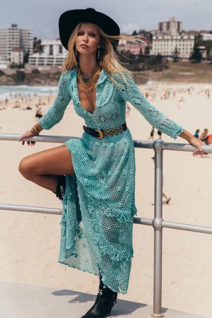 Wish You Were Here Crochet Maxi Dress - Turquoise