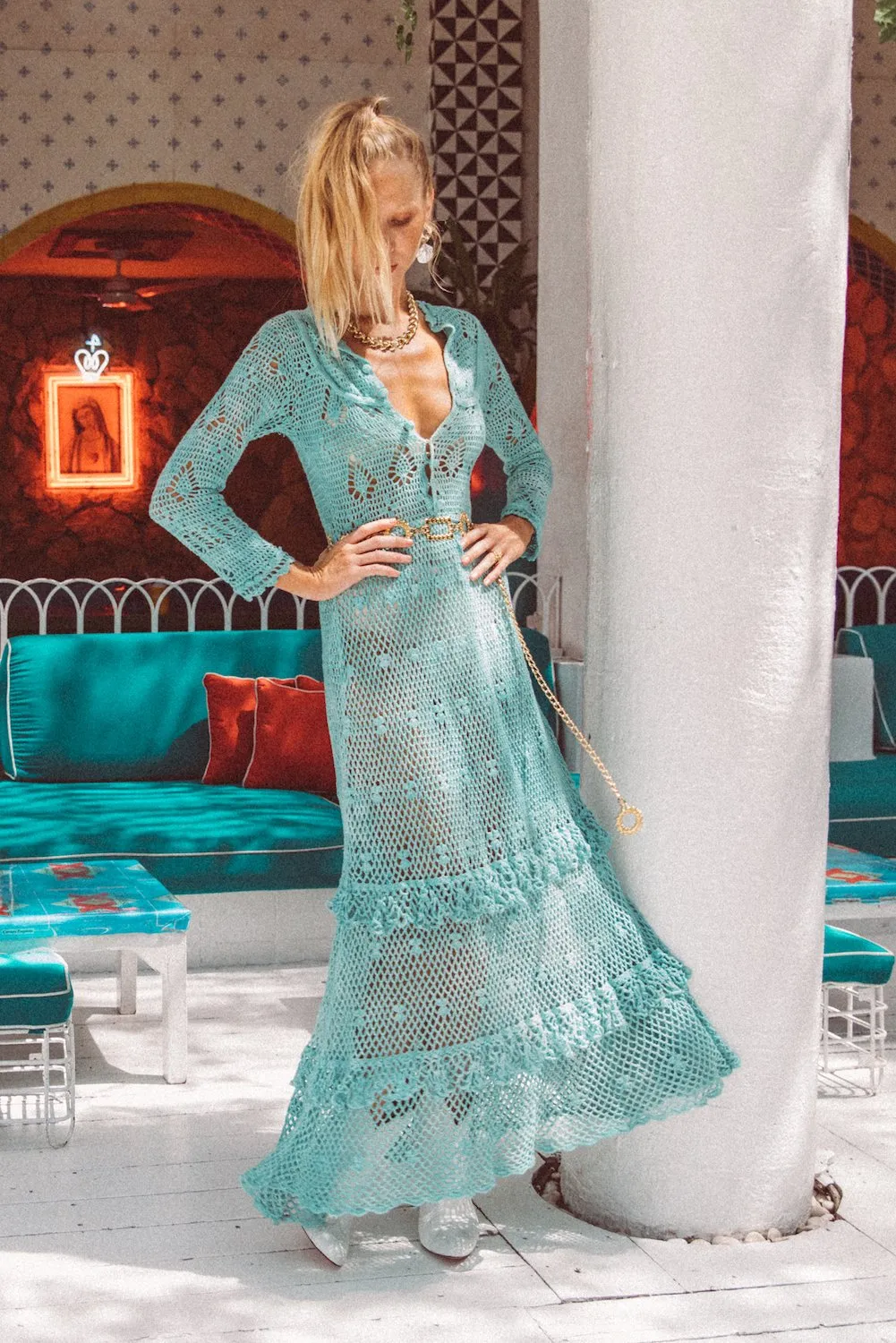 Wish You Were Here Crochet Maxi Dress - Turquoise