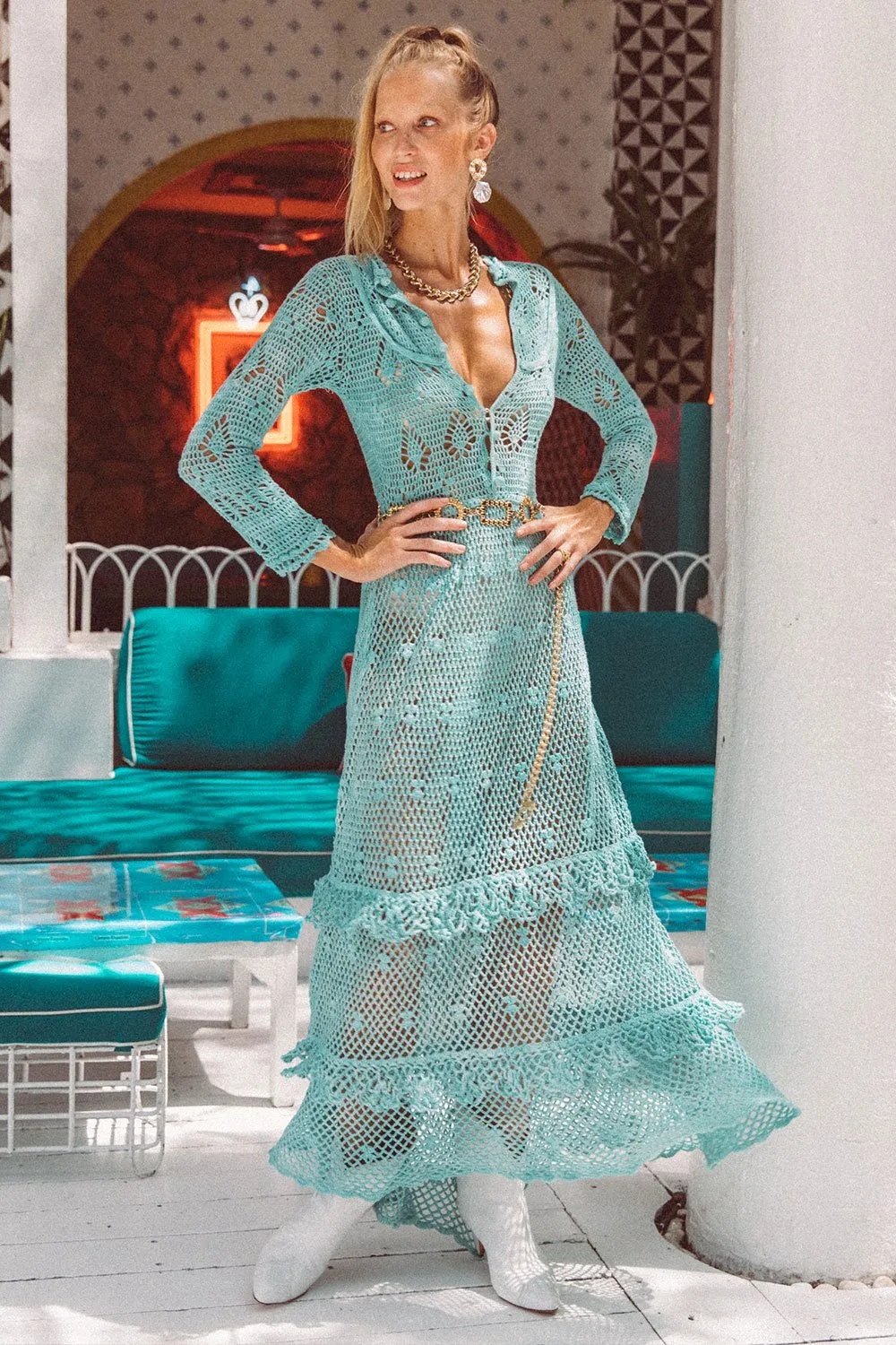 Wish You Were Here Crochet Maxi Dress - Turquoise