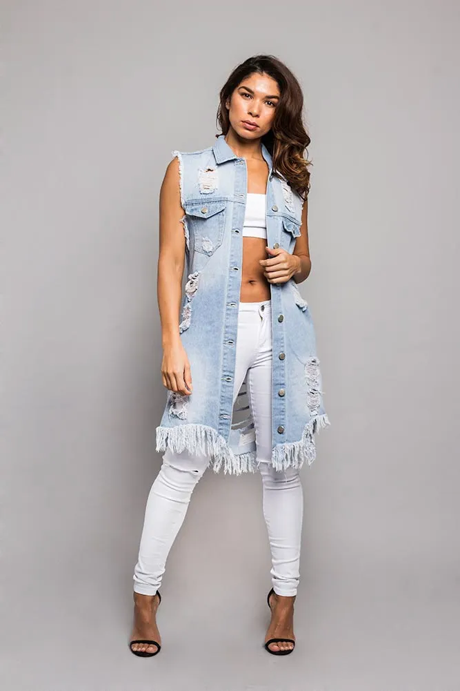 Women's Destroyed Long Denim Robe Vest