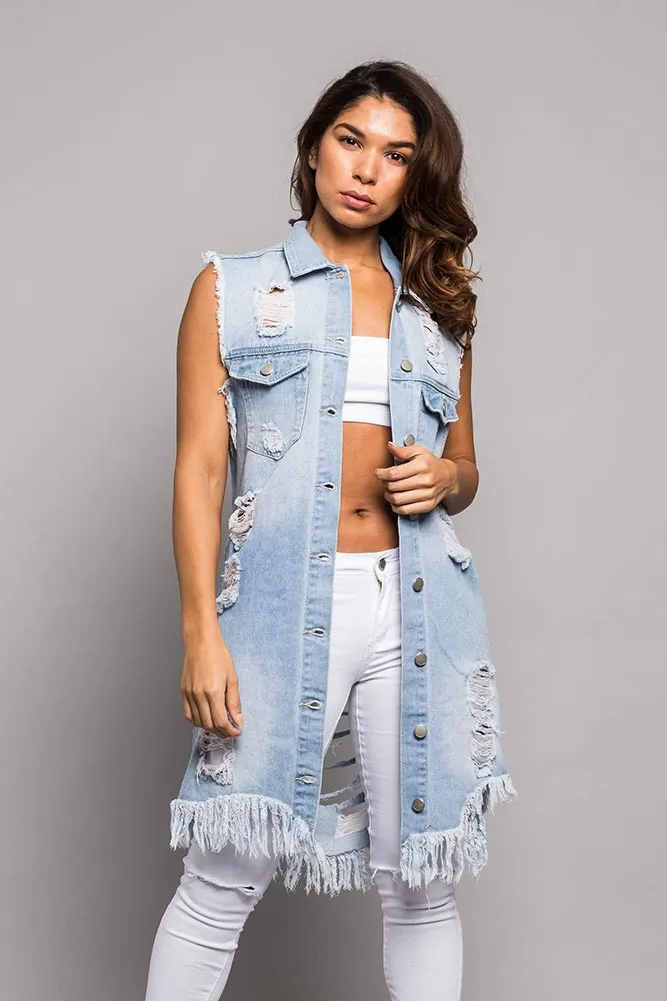 Women's Destroyed Long Denim Robe Vest