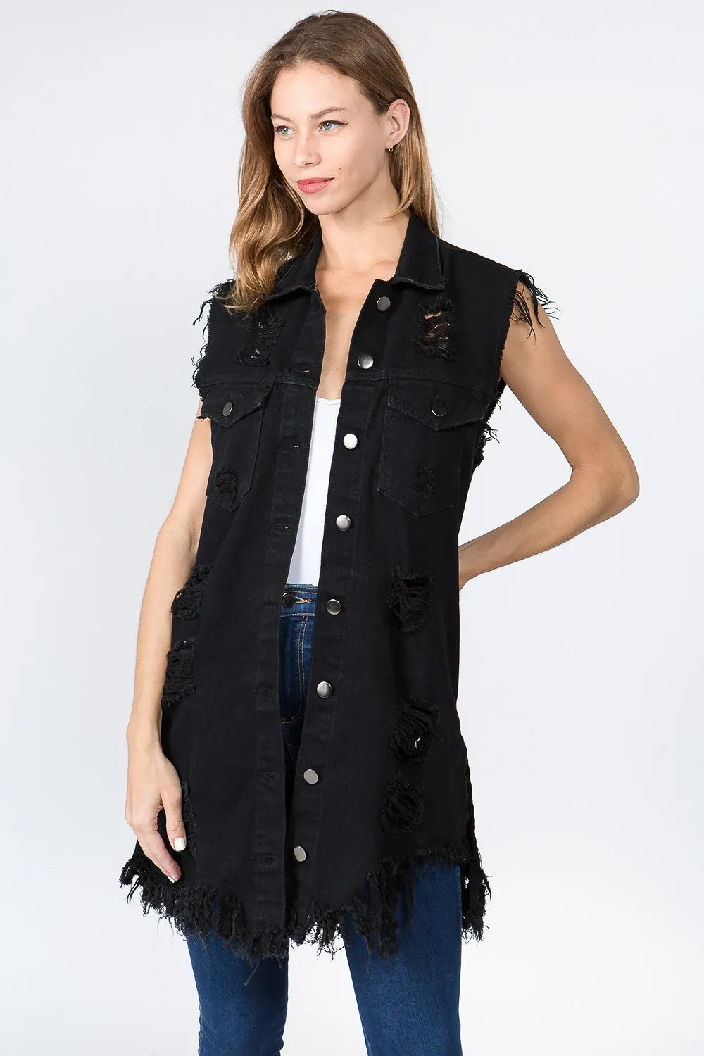 Women's Destroyed Long Denim Robe Vest