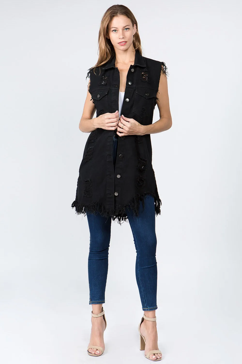 Women's Destroyed Long Denim Robe Vest