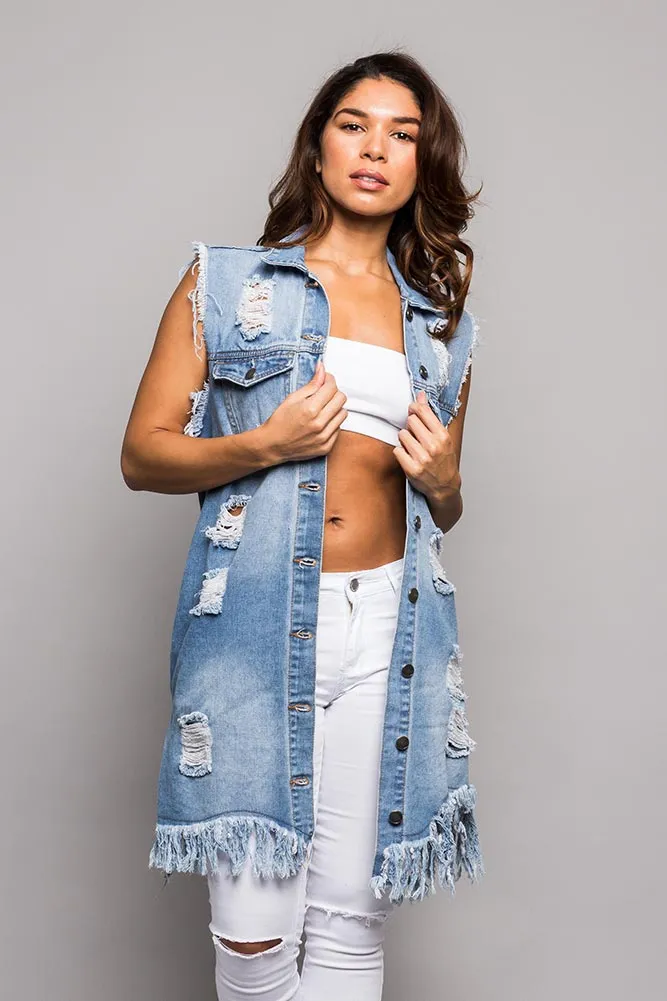 Women's Destroyed Long Denim Robe Vest