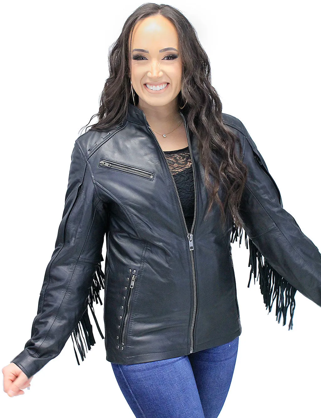 Women's Fringe Leather Jacket with Vents #L704GZRFK