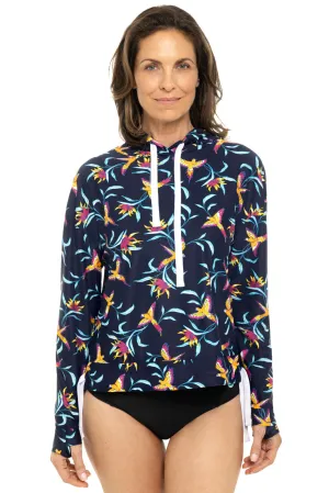 Women's Waikal Swim Hoodie  |  Navy Birds of Paradise