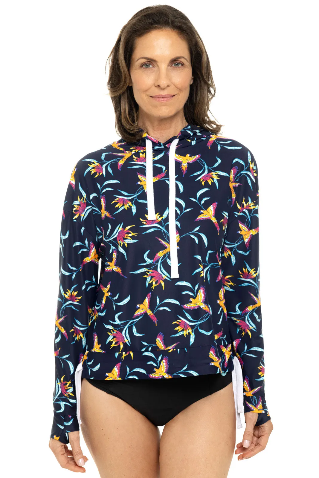 Women's Waikal Swim Hoodie  |  Navy Birds of Paradise