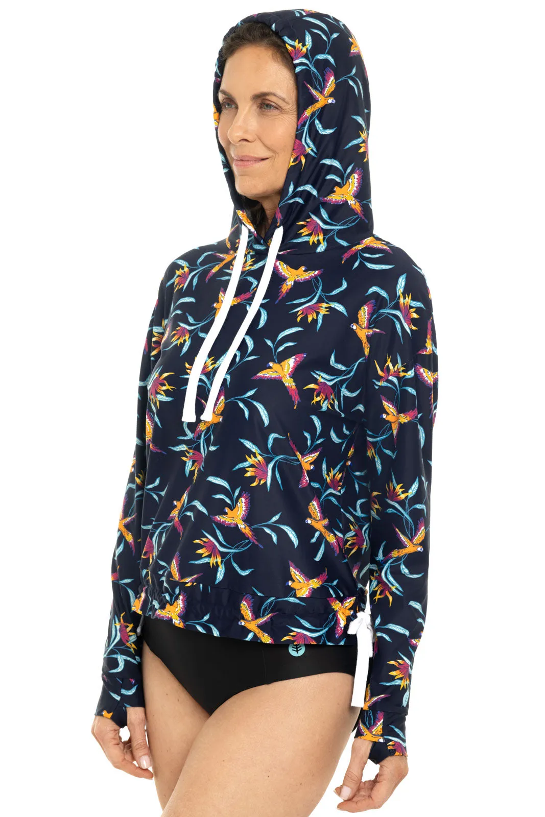 Women's Waikal Swim Hoodie  |  Navy Birds of Paradise