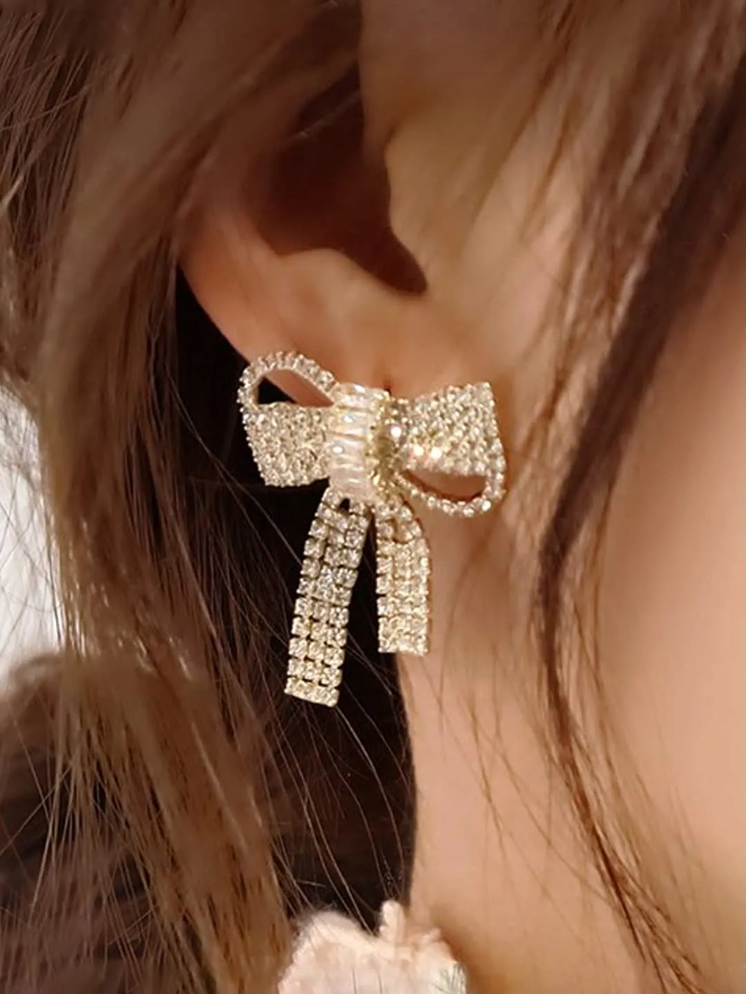 Yellow Chimes Earrings For Women Gold Tone Sparkling Crystal Studded Bow Knot Shape Drop Earrings For Women and Girls