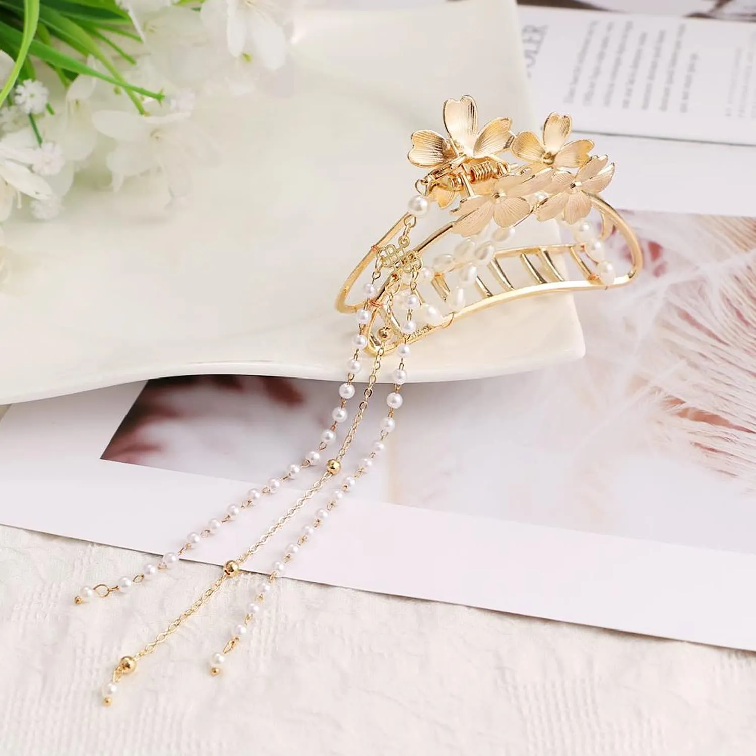 Yellow Chimes Hair Clip For Women Gold Toned Cluthers Hair Claw Clip With Linear Chain Attached Hair Clutch For Women and Girls