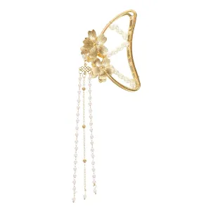 Yellow Chimes Hair Clip For Women Gold Toned Cluthers Hair Claw Clip With Linear Chain Attached Hair Clutch For Women and Girls