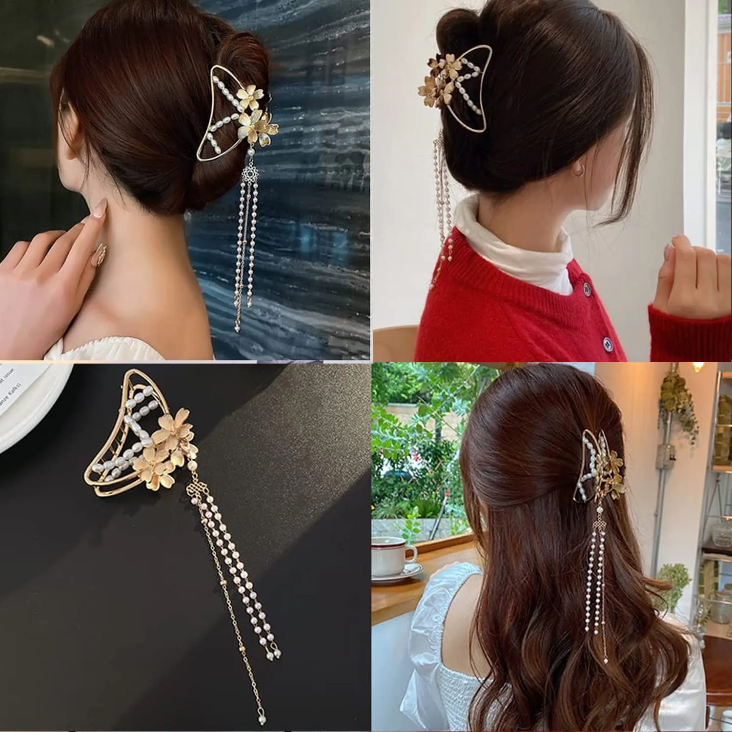 Yellow Chimes Hair Clip For Women Gold Toned Cluthers Hair Claw Clip With Linear Chain Attached Hair Clutch For Women and Girls