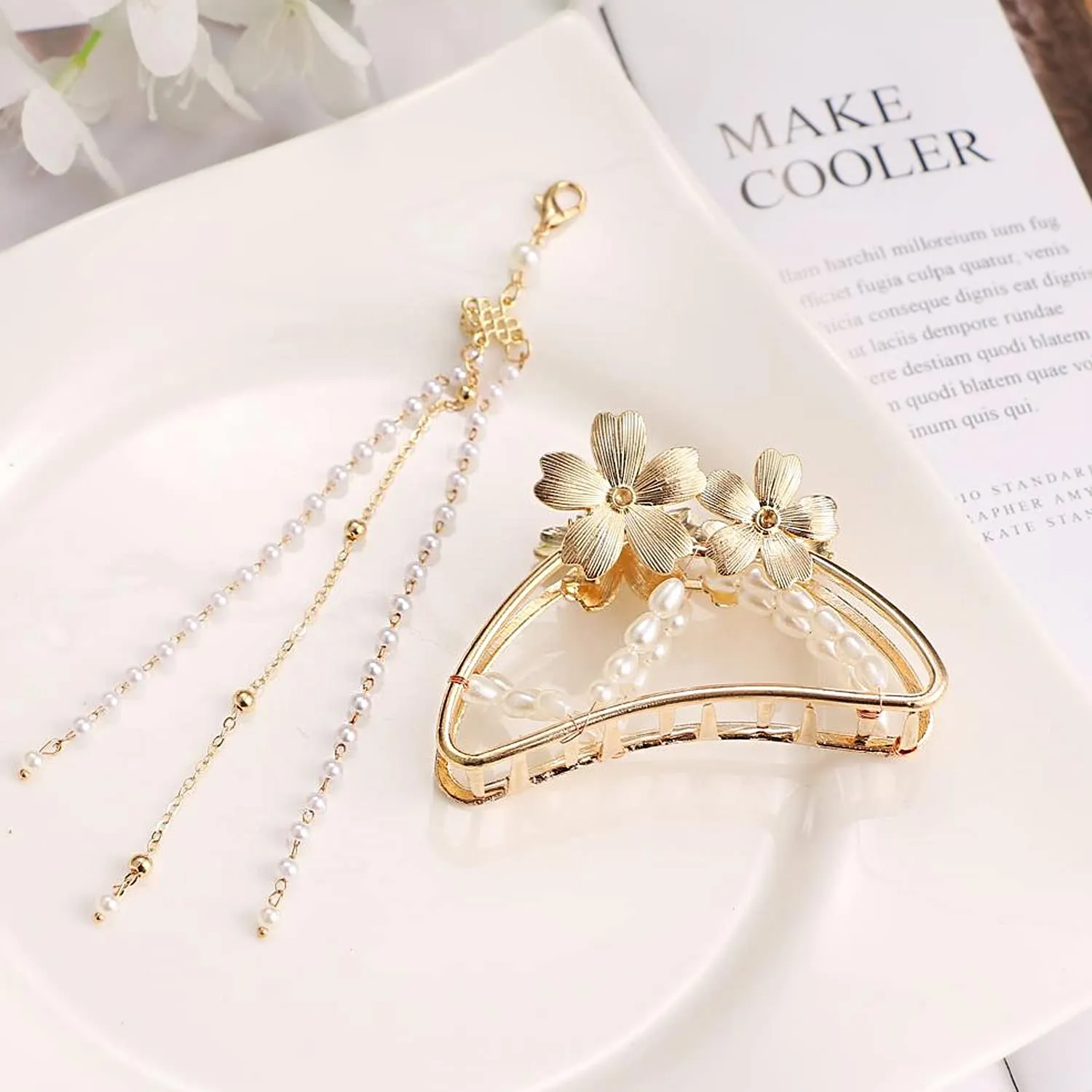 Yellow Chimes Hair Clip For Women Gold Toned Cluthers Hair Claw Clip With Linear Chain Attached Hair Clutch For Women and Girls