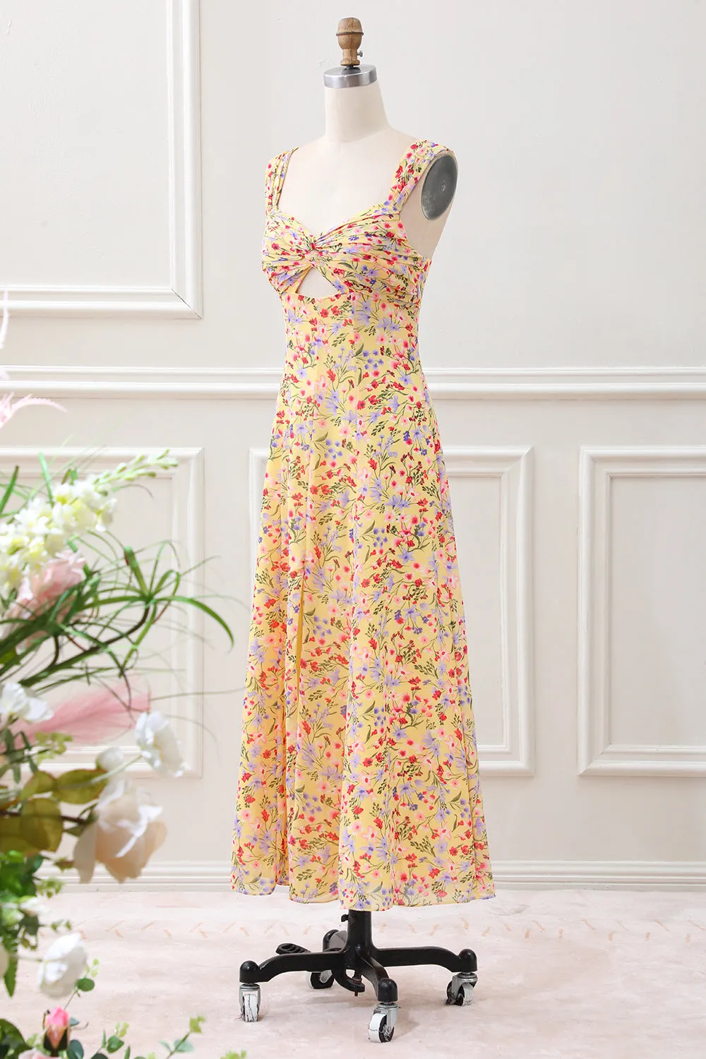 Yellow Flower A Line Corset Wedding Guest Dress