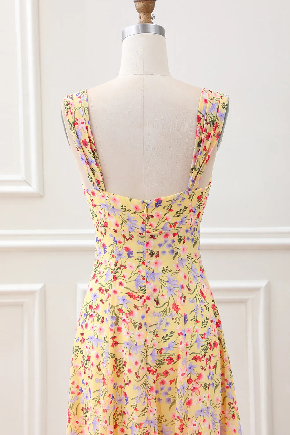 Yellow Flower A Line Corset Wedding Guest Dress